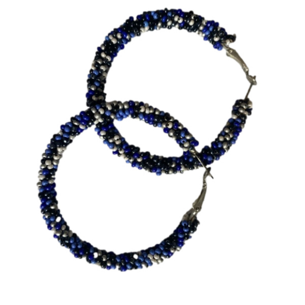 Women's Cobalt Blue Black White Seed Beaded Hoop Earrings 2” x 2” BOHO Festival